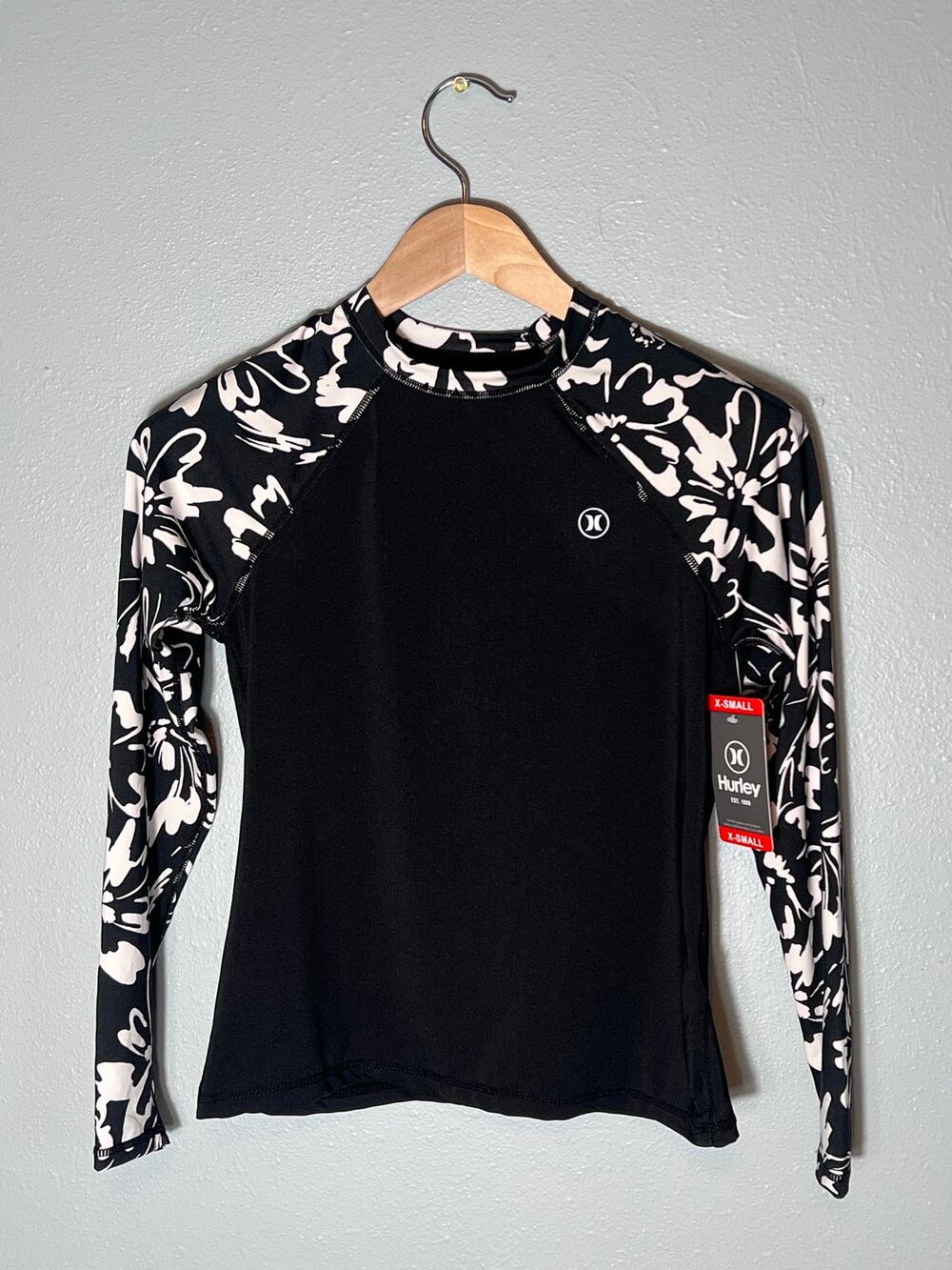 Hurley UPF 50+ Long Sleeve XS Rash Guard Black Swim Bathing Suit Modest Summer